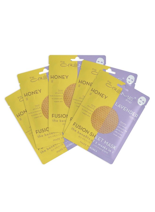 The Creme Shop Sheet Mask, Korean Sheet Mask, Lavender Sheet Mask, 2-In-1 Sheet Mask Pack, Honey Face Mask Sheet With Hyaluronic Acid, Facial Mask Sheets - 5 Pack (Lavender & Honey) 