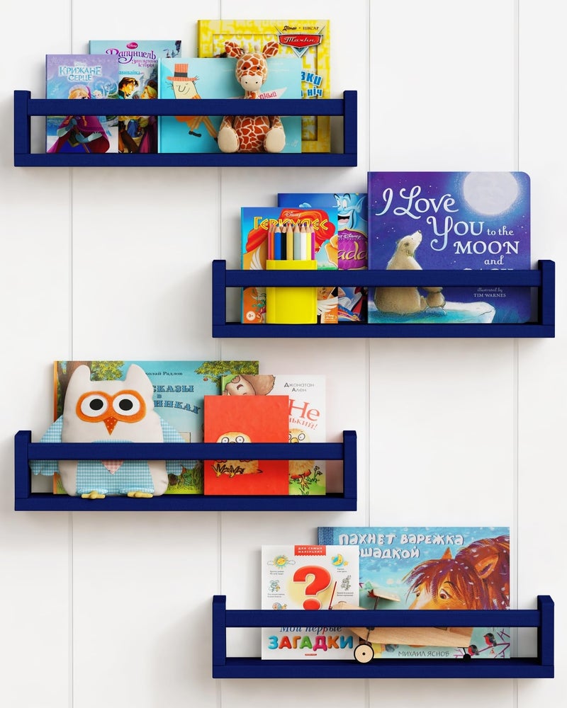 Forbena Navy Blue Floating Book Shelves for Nursery Boy, Decorative Wall Bookshelf for Kids Room, Small Wood Floating Shelves Wall Mounted for Boys Bedroom Bathroom (Set of 4, Blue) - Image 1