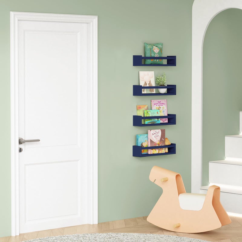 Forbena Navy Blue Floating Book Shelves for Nursery Boy, Decorative Wall Bookshelf for Kids Room, Small Wood Floating Shelves Wall Mounted for Boys Bedroom Bathroom (Set of 4, Blue) - Image 4