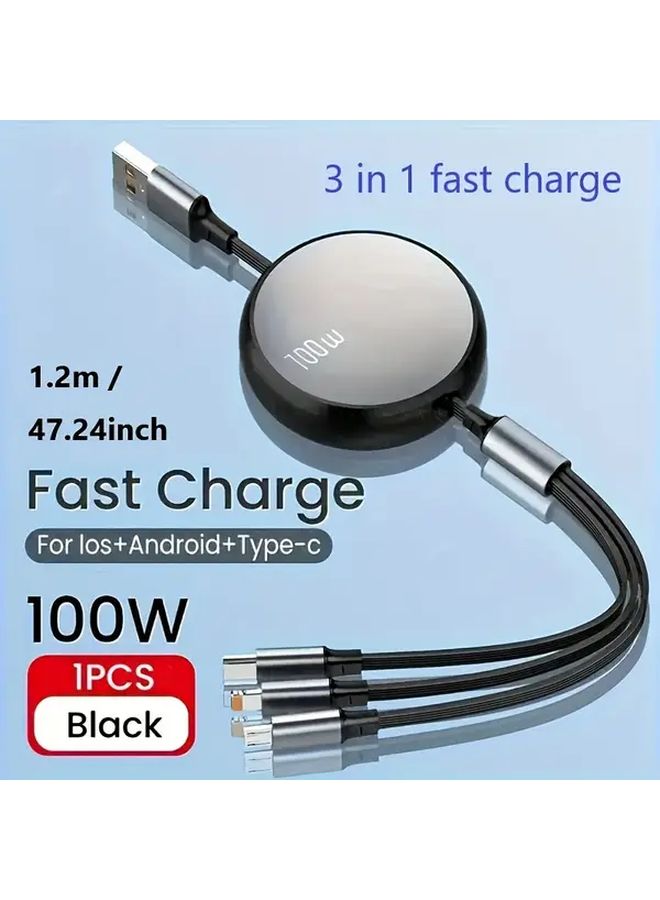 كابل USB-C قابل للسحب مقاس 24 بوصة من Black 47، شحن سريع 100 واط، مزامنة بيانات بسرعة 480 ميجابت في الثانية - Image 1