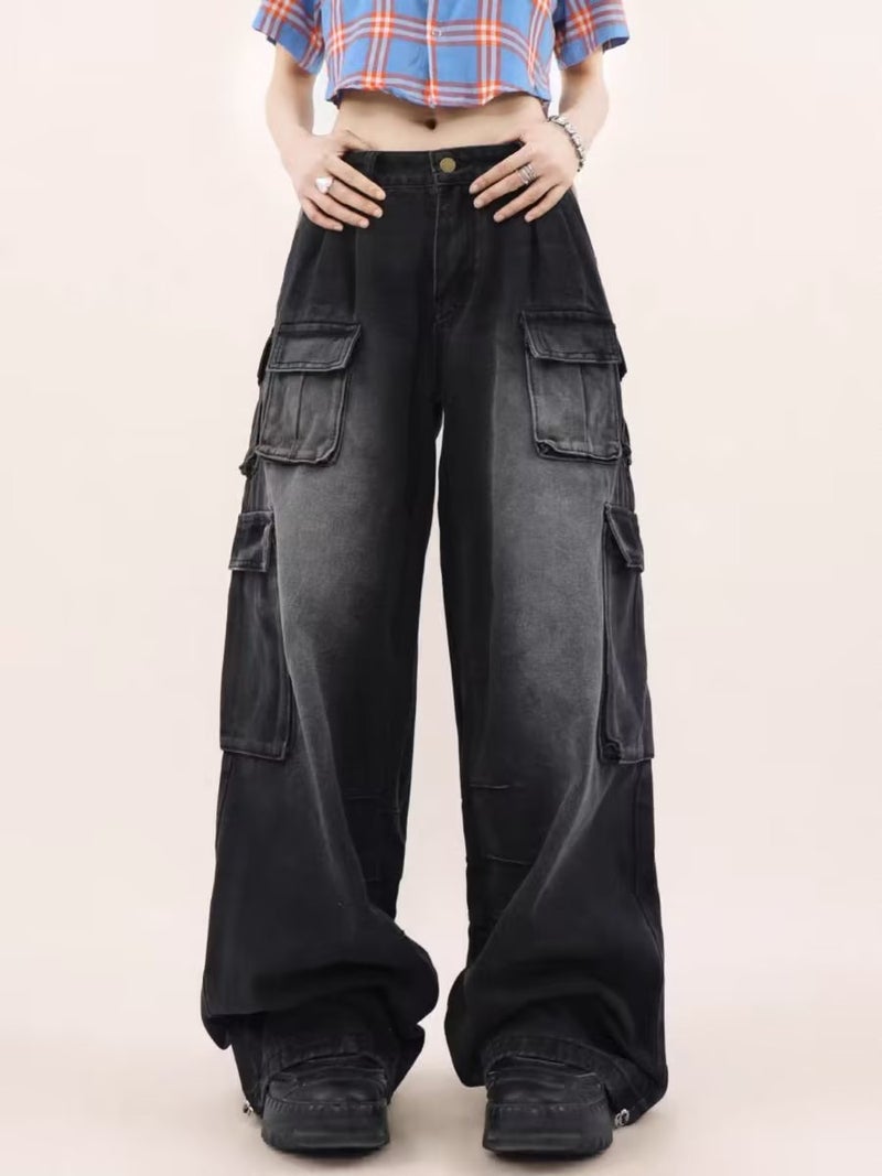 Mid-Low-Waist Wide-Leg Floor-Length Pants For Men And Women, Designer Workwear, Multi-Flap Pocket Pants, Loose-Fitting Floor-Length Jeans - Image 4