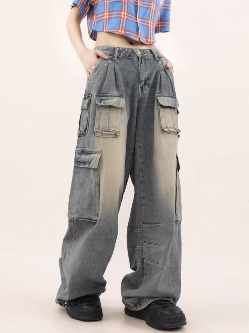 Mid-Low-Waist Wide-Leg Floor-Length Pants For Men And Women, Designer Workwear, Multi-Flap Pocket Pants, Loose-Fitting Floor-Length Jeans - Image 3