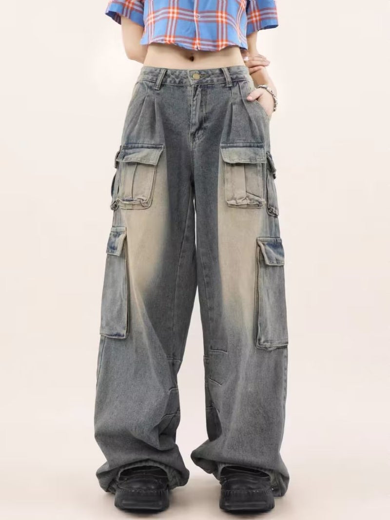 Mid-Low-Waist Wide-Leg Floor-Length Pants For Men And Women, Designer Workwear, Multi-Flap Pocket Pants, Loose-Fitting Floor-Length Jeans - Image 1