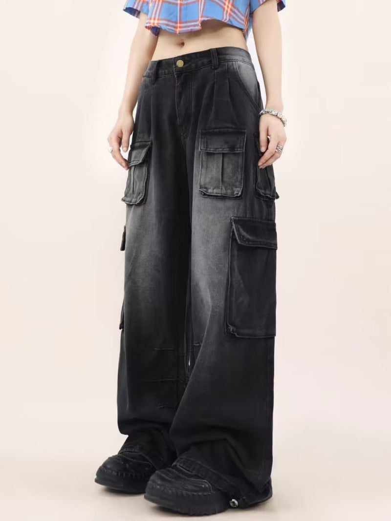 Mid-Low-Waist Wide-Leg Floor-Length Pants For Men And Women, Designer Workwear, Multi-Flap Pocket Pants, Loose-Fitting Floor-Length Jeans - Image 5
