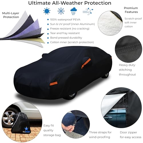 EzyShade 10-Layer Car Cover Waterproof All Weather - See Vehicle Size-Chart - Car Covers for Automobiles & Car Snow Cover - Full Exterior Covers - Rain Sun Wind Snow. Black, Size A4 (See Size Chart) - Image 2