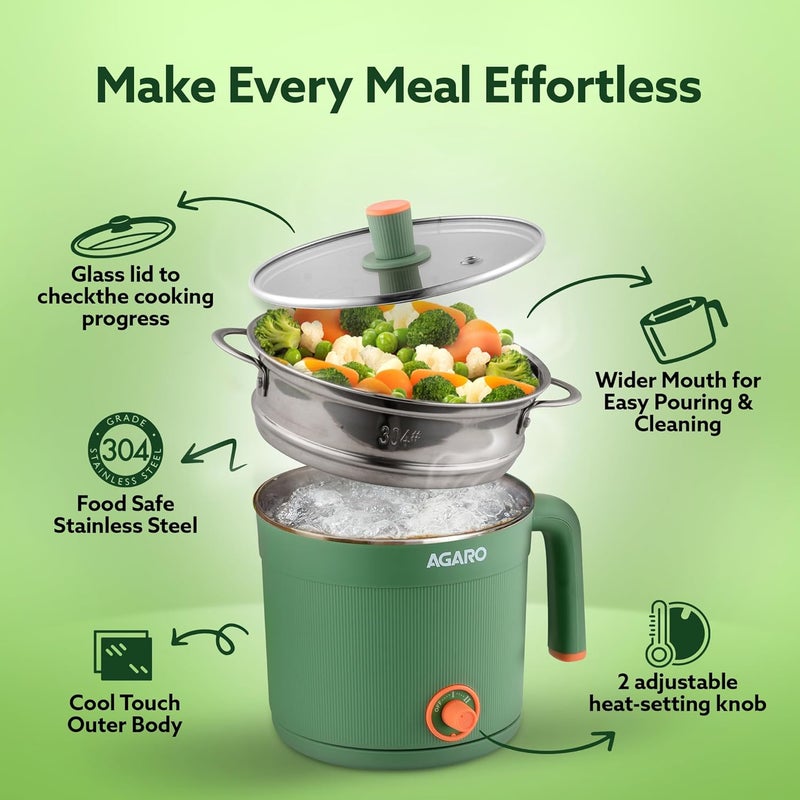 AGARO Regency Multi Cook Kettle With Steamer, 1.2L Inner Pot, Double Layered Body, Variable Temperature Settings, Wide Mouth, Boiling, Steaming, Tea, Coffee, Egg, Vegetable Boiling, 600W, Sea Green - Image 4