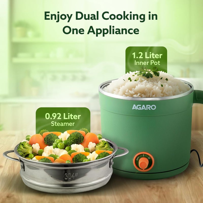AGARO Regency Multi Cook Kettle With Steamer, 1.2L Inner Pot, Double Layered Body, Variable Temperature Settings, Wide Mouth, Boiling, Steaming, Tea, Coffee, Egg, Vegetable Boiling, 600W, Sea Green - Image 3