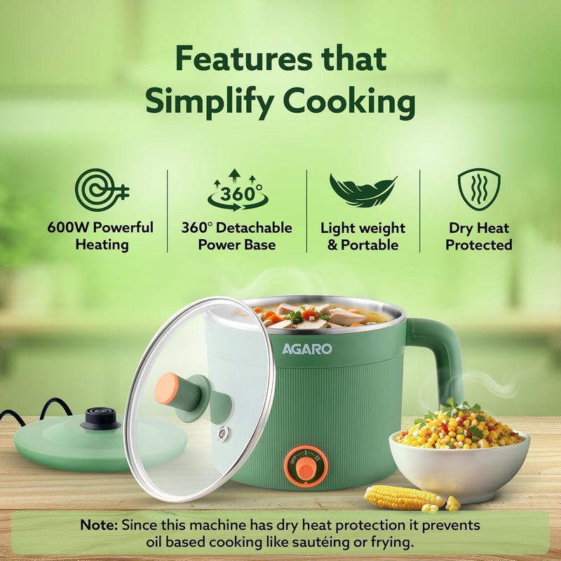 AGARO Regency Multi Cook Kettle With Steamer, 1.2L Inner Pot, Double Layered Body, Variable Temperature Settings, Wide Mouth, Boiling, Steaming, Tea, Coffee, Egg, Vegetable Boiling, 600W, Sea Green - Image 2
