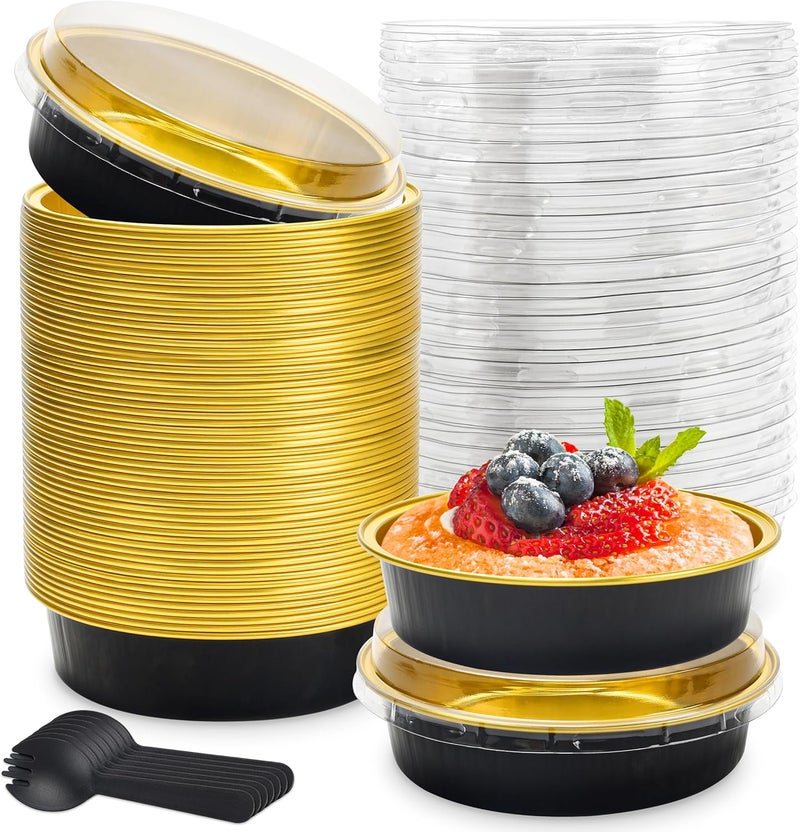 73Hours 8 OZ Mini Cake Pans Disposable Ramekins with Lids Round Aluminum Mini Foil Cake Tins Baking Pans for Party Wedding Pudding (Black Gold, 25 Pack) - Image 1