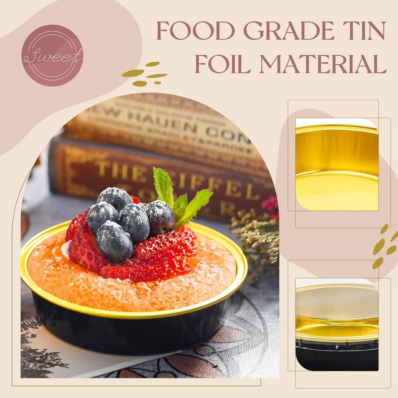 73Hours 8 OZ Mini Cake Pans Disposable Ramekins with Lids Round Aluminum Mini Foil Cake Tins Baking Pans for Party Wedding Pudding (Black Gold, 25 Pack) - Image 4