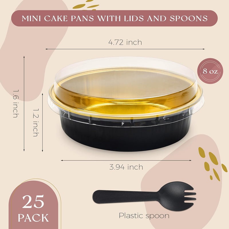 73Hours 8 OZ Mini Cake Pans Disposable Ramekins with Lids Round Aluminum Mini Foil Cake Tins Baking Pans for Party Wedding Pudding (Black Gold, 25 Pack) - Image 3