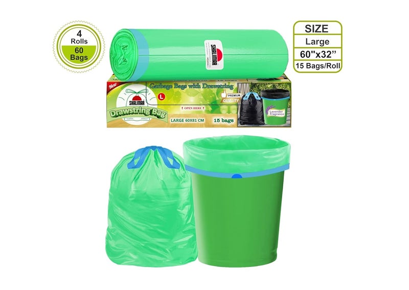 shalimar Shalimar Premium Drawstring Garbage Bags Lavender Fragrance Size 24 X 32 InchesLarge 60 Bags 4 Rolls Dustbin BagTrash Bag Green Color  - Image 4