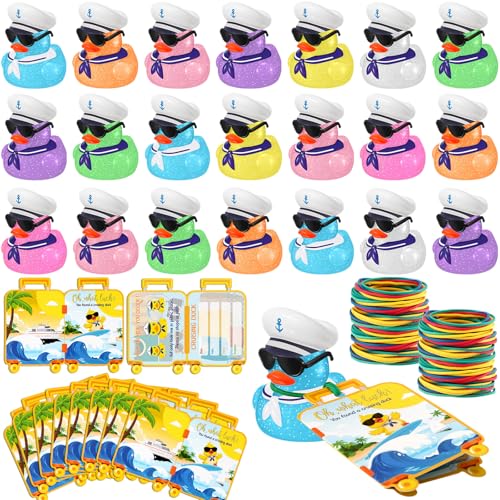 Halloscume 72 Pcs Duck Tag Cruise Kit Includes 24 Mini Cruise Glitter Rubber Ducks with Sunglasses Bulk 24 Duck Tags 24 Elastic Rubber Bands for Cruising Luggage Game Rewards Suitcase Style - Image 1