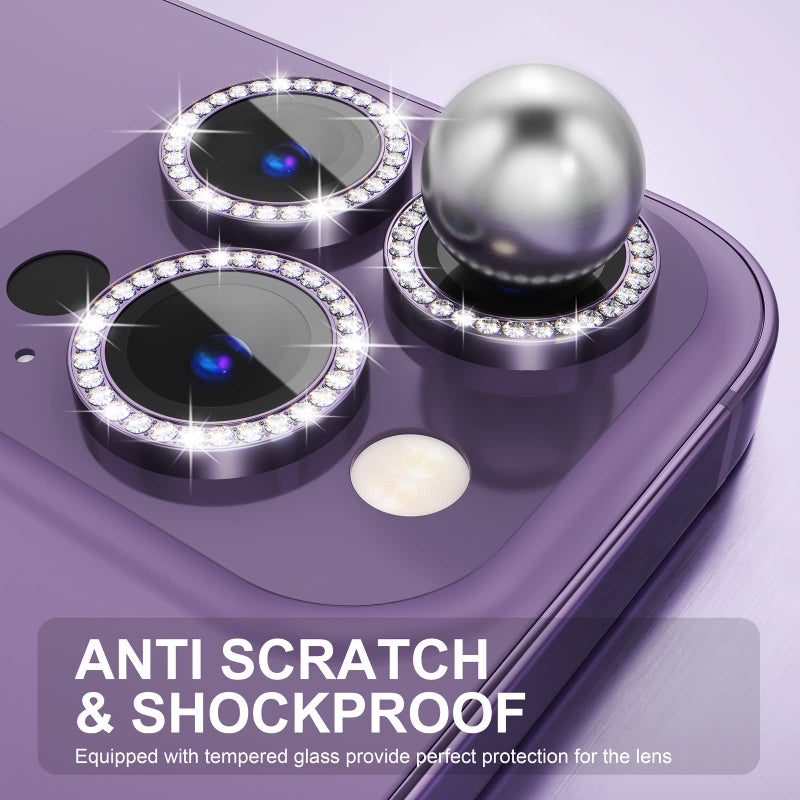 Choiche Compatible for iPhone 14 Pro/iPhone 14 Pro Max Camera Lens Protector Bling, 9H Tempered Glass Camera Cover Screen Protector Metal Ring Decoration Accessories (Diamond-Purple) - Image 3