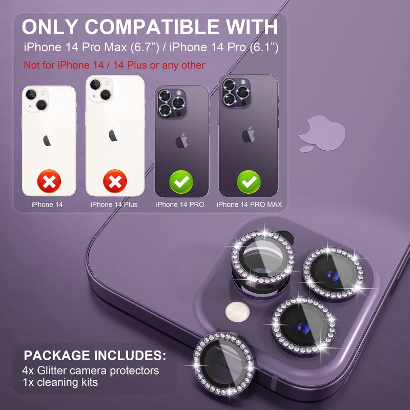 Choiche Compatible for iPhone 14 Pro/iPhone 14 Pro Max Camera Lens Protector Bling, 9H Tempered Glass Camera Cover Screen Protector Metal Ring Decoration Accessories (Diamond-Purple) - Image 2