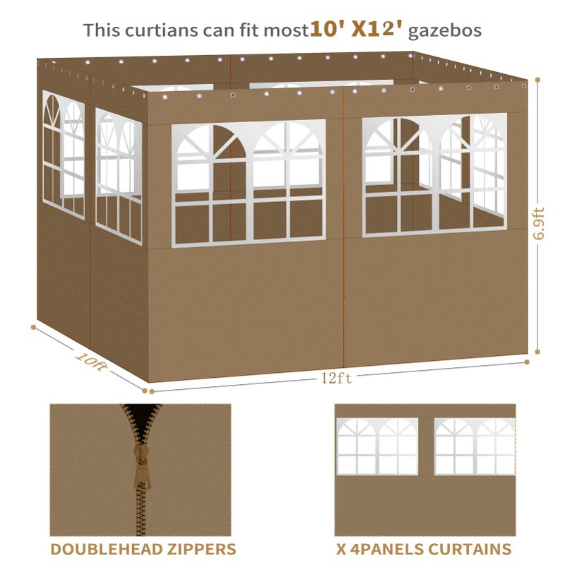 aonear Gazebo Privacy Curtains 10' x 12' with PVC Windows, 4-Panels Side Wall with Zipper Universal Replacement for Patio, Outdoor Canopy, Garden and Backyard - Image 4