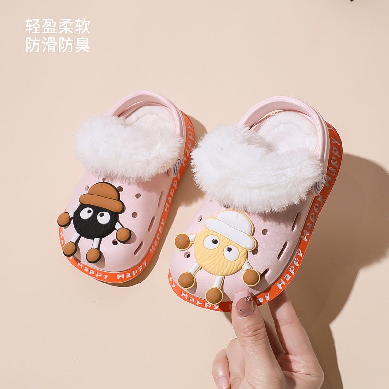 Fleece-Lined Cotton Slippers Men'S And Women'S Cartoon Bag With Warm Winter Indoor Non-Slip Children'S Hole Shoes - Image 5