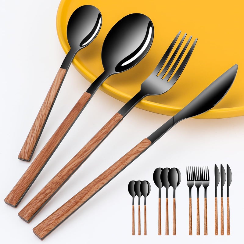 SNBNX Stainless Steel Flatware Set for 4, Cutlery Utensils Set Include Knives/Forks/Spoons Service for 4, Mirror Polished and Dishwasher Safe (black) - Image 1