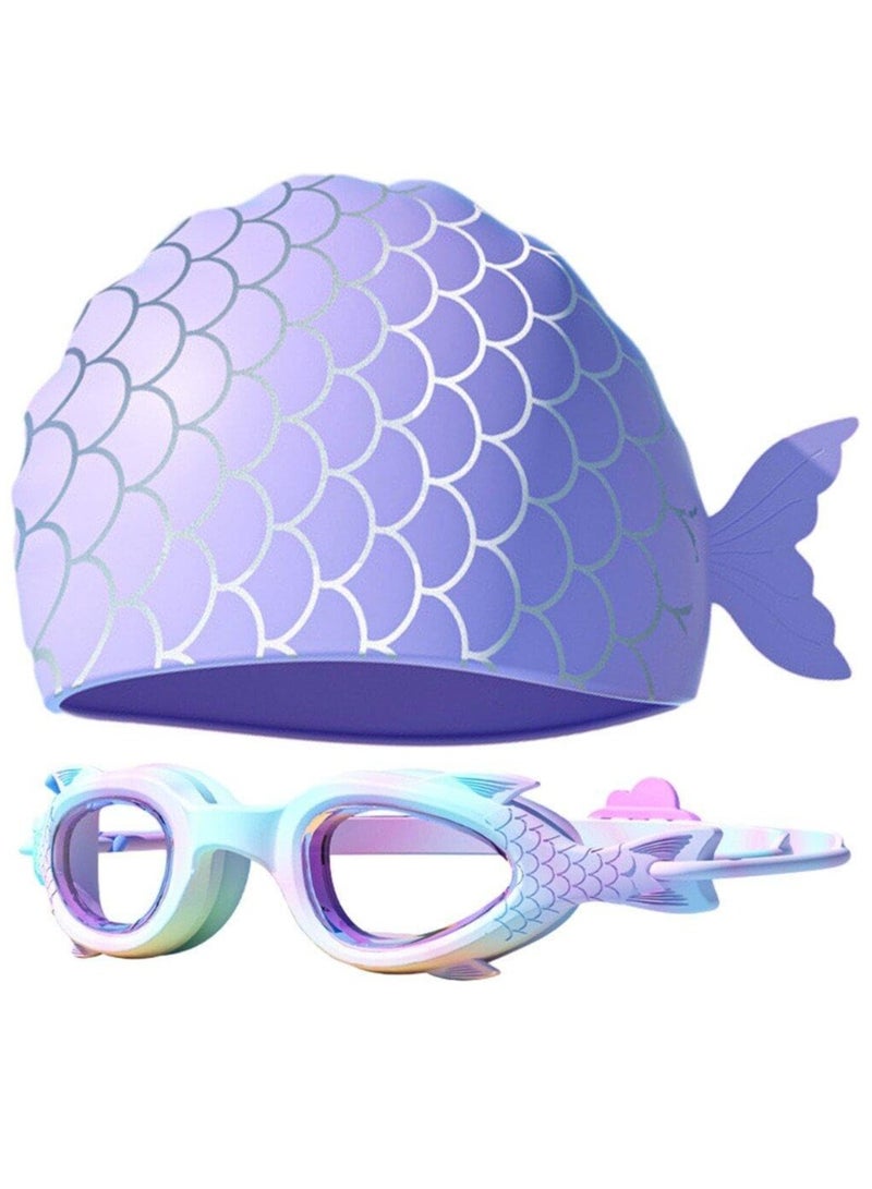 Generic Kids Swim Cap Swimming Goggles, Toddler Swimming Cap, Waterproof Kids Cloth Bathing Cap Goggles for Children, Boys, Girls Age 3-12, Lovely Cute Cartoon  - Image 1