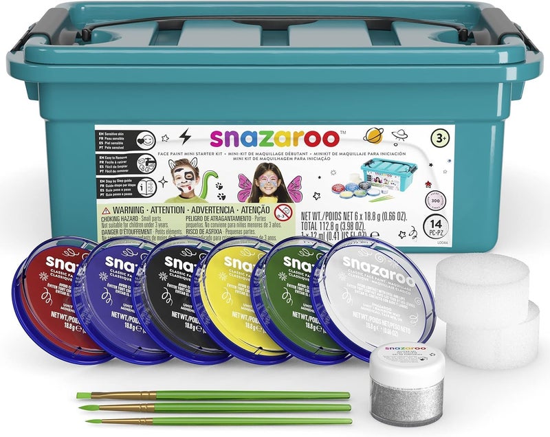 Snazaroo Face Paint Mini Starter Kit - 14 Pieces with 6 Colors, Glitter Gel, Brushes, and Sponges for Kids and Adults - Image 1