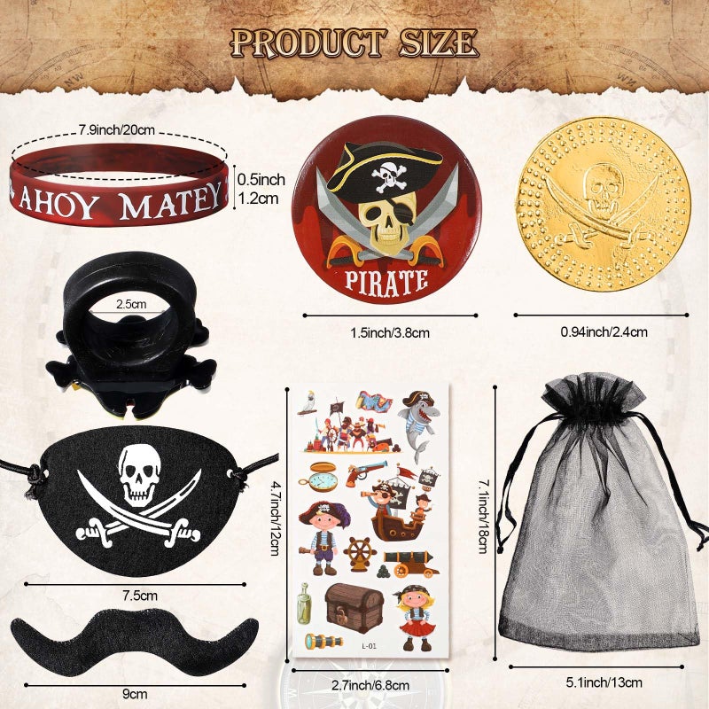 Harrycle 144 Pcs Pirate Party Favors Supplies Include Pirate Bracelet Nautical Tattoo Button Pin Eye Patch Gold Coin Gem Ring Mustache Organza Bag for Kids Boy Pirate Birthday Party Goodie Bag Fillers - Image 2