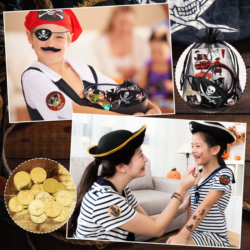 Harrycle 144 Pcs Pirate Party Favors Supplies Include Pirate Bracelet Nautical Tattoo Button Pin Eye Patch Gold Coin Gem Ring Mustache Organza Bag for Kids Boy Pirate Birthday Party Goodie Bag Fillers - Image 5