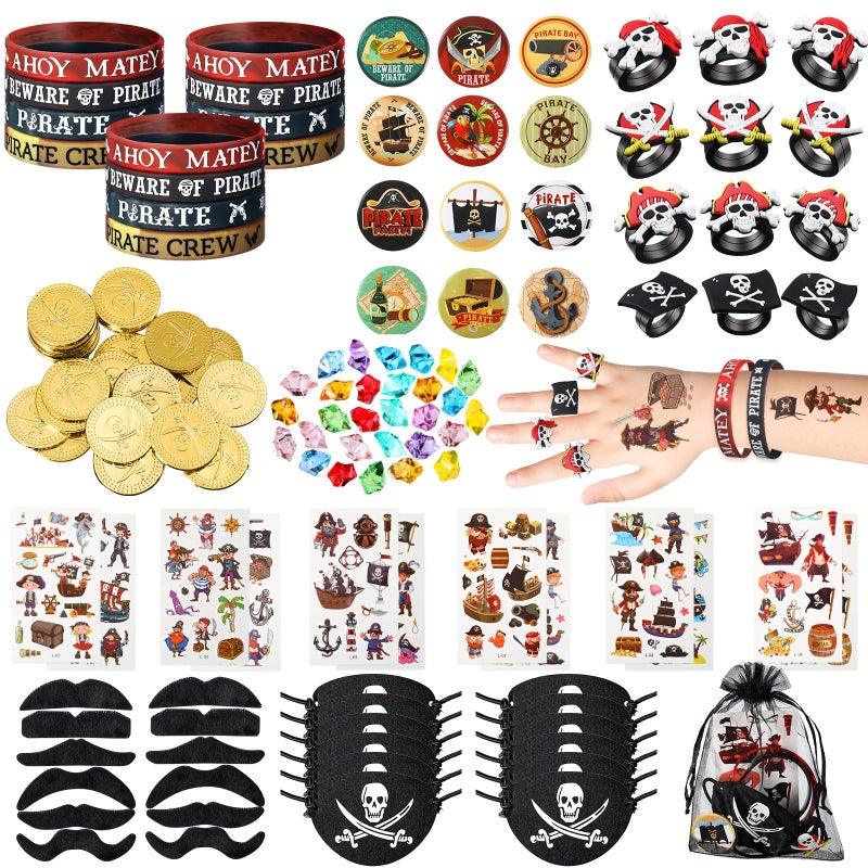 Harrycle 144 Pcs Pirate Party Favors Supplies Include Pirate Bracelet Nautical Tattoo Button Pin Eye Patch Gold Coin Gem Ring Mustache Organza Bag for Kids Boy Pirate Birthday Party Goodie Bag Fillers - Image 1