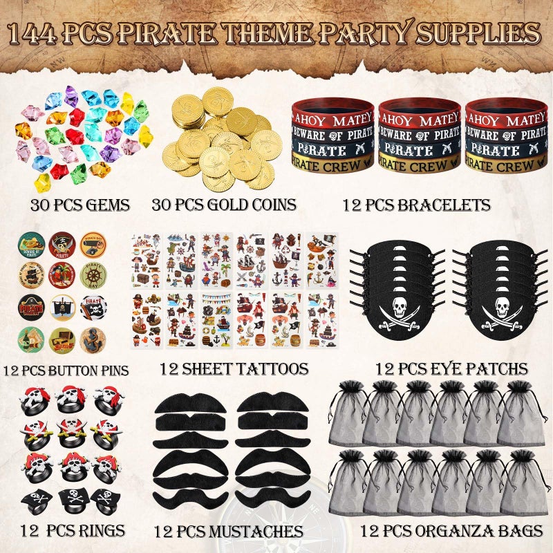 Harrycle 144 Pcs Pirate Party Favors Supplies Include Pirate Bracelet Nautical Tattoo Button Pin Eye Patch Gold Coin Gem Ring Mustache Organza Bag for Kids Boy Pirate Birthday Party Goodie Bag Fillers - Image 3