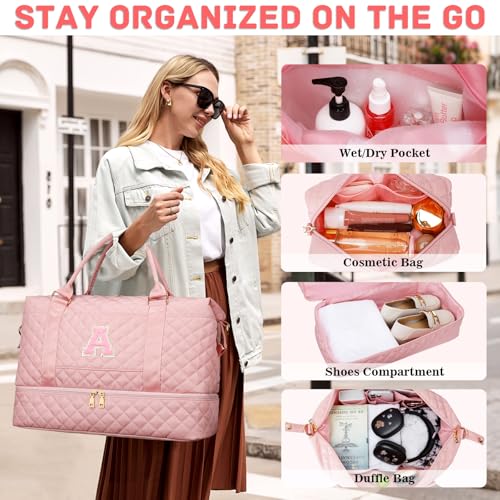 CLOUDWINGS Christmas Gifts for Women Initial Travel Duffle Bag Quilted Weekender Carry-On Overnight with Cosmetic Bag, Gym Bag with Shoe Compartment Personalized Bag, Pink A - Image 3