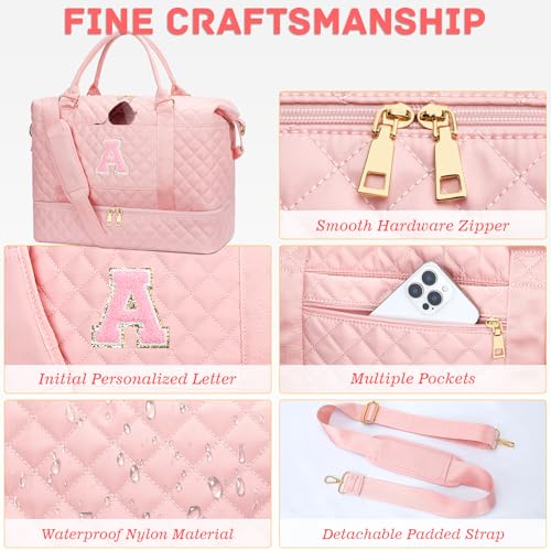 CLOUDWINGS Christmas Gifts for Women Initial Travel Duffle Bag Quilted Weekender Carry-On Overnight with Cosmetic Bag, Gym Bag with Shoe Compartment Personalized Bag, Pink A - Image 5