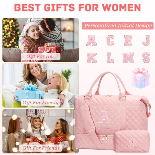 CLOUDWINGS Christmas Gifts for Women Initial Travel Duffle Bag Quilted Weekender Carry-On Overnight with Cosmetic Bag, Gym Bag with Shoe Compartment Personalized Bag, Pink A - Image 2