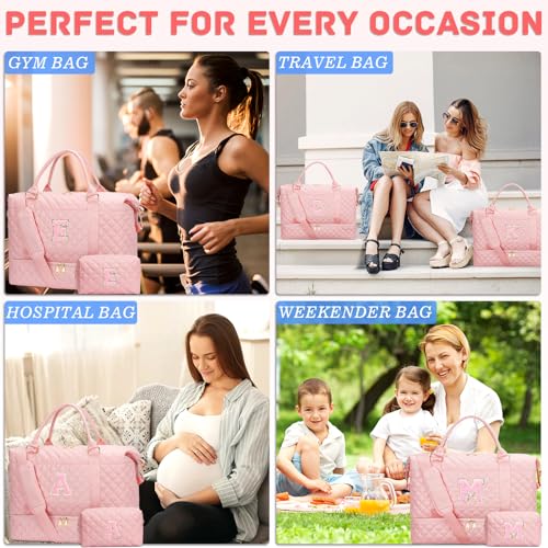 CLOUDWINGS Christmas Gifts for Women Initial Travel Duffle Bag Quilted Weekender Carry-On Overnight with Cosmetic Bag, Gym Bag with Shoe Compartment Personalized Bag, Pink A - Image 4