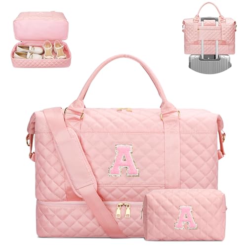 CLOUDWINGS Christmas Gifts for Women Initial Travel Duffle Bag Quilted Weekender Carry-On Overnight with Cosmetic Bag, Gym Bag with Shoe Compartment Personalized Bag, Pink A - Image 1