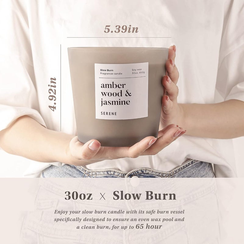 Hidden Label شمعة معطرة كبيرة ماركة هيدن لابيل، خشب العنبر والياسمين، 30 أونصة بشموع ثلاثية ضخمة، مجموعة سيرين لشموع الصويا الطبيعية ذات الاحتراق البطيء لتعطير المنزل - Image 3
