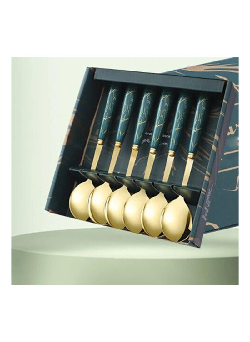 رايتشر 6 قطع ملعقة من الفولاذ المقاوم للصدأ بنمط رخامي ومقبض سيراميك وملعقة حلوى منزلية وملعقة خلط وملعقة مستديرة ومجموعة صندوق هدايا - Image 1