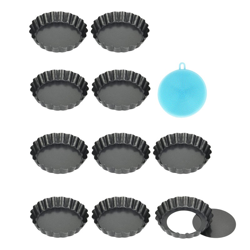 Vnray Mini Tart Pans with Removable Bottom 4 inch Set of 10 Nonstick Round Quiche Pan Heavy Duty Carbon Steel for Mousse Cakes Christmas Dessert Baking with Silicone Scrubber