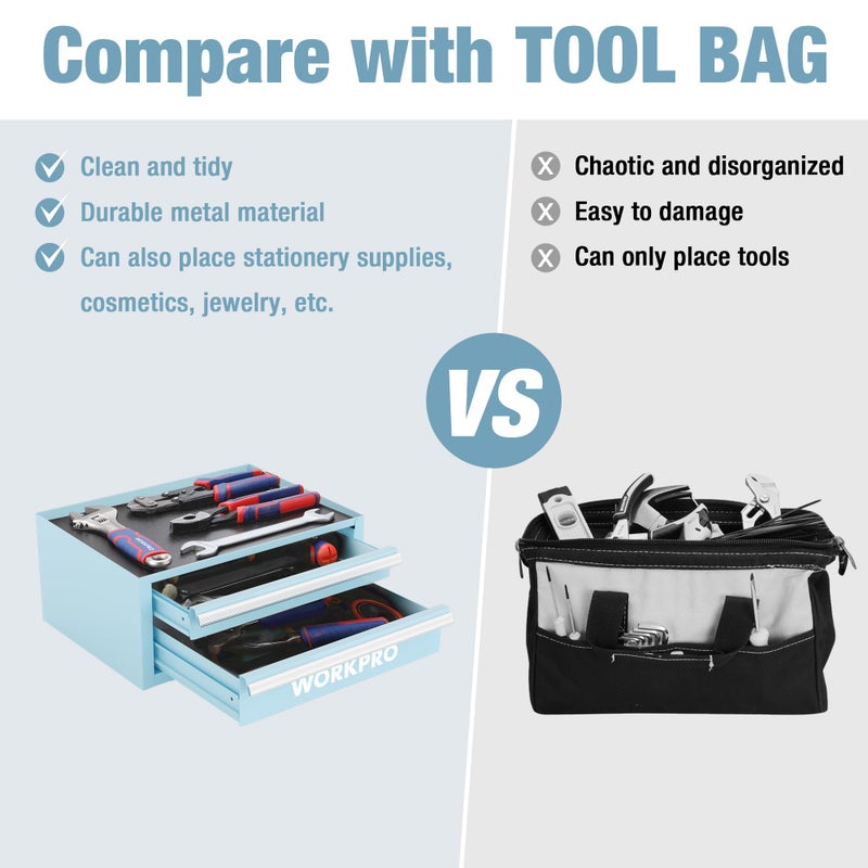 WORKPRO 12.5" Mini Tool Box with 2 Drawers & 1 Open Top Storage, Small Metal Tool Chest with PVC Liners & PP Feet Pads, Cold Rolled Steel Toolbox with Drawer Liners & Magnetic Tabs - Image 4