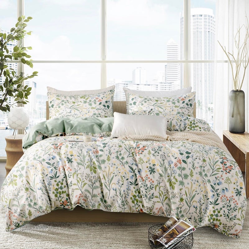 BUPIRD Comforter Set King Floral Soft Cotton Cute Bedding Comforter Sets Garden Style Green Flower Print Botanical King Comforter Set for All Seasons 1 Comforter and 1 Pillowcases - Image 1