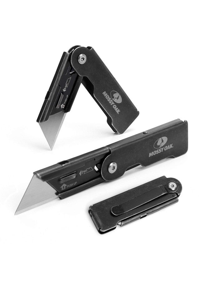 Mossy Oak 2-Pack Folding Pocket Utility Set, Quick Change Box Cutter With Frame Lock, EDC Foldable Razor With Belt Clip, Stone Washed  - Image 1