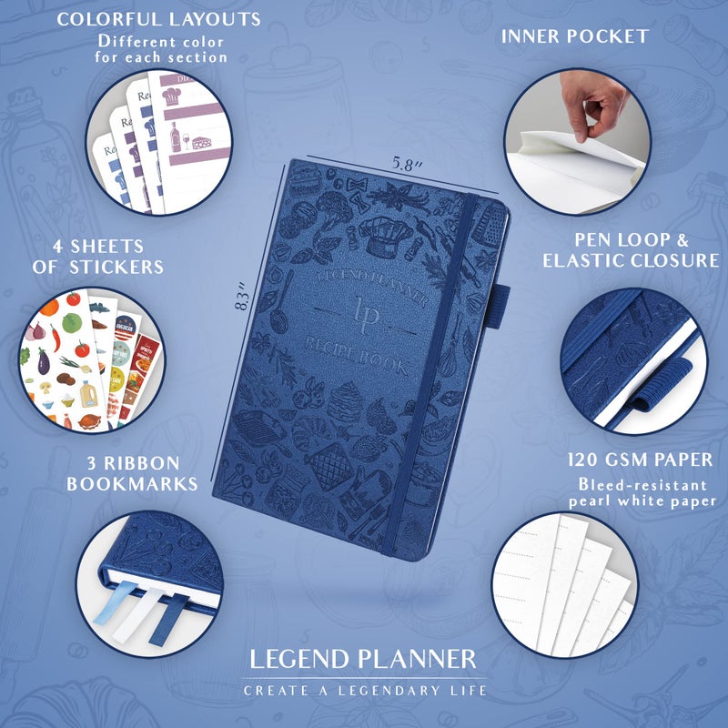 Legend Planner Legend Recipe Book - Blank Family Cookbook to Write In Your Own Recipes - Empty Cooking Journal - Personalized Cooking Notebook, Hardcover, A5, 58 Recipes In Total (Mystic Blue) - Image 2