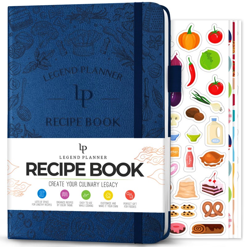 Legend Planner Legend Recipe Book - Blank Family Cookbook to Write In Your Own Recipes - Empty Cooking Journal - Personalized Cooking Notebook, Hardcover, A5, 58 Recipes In Total (Mystic Blue) - Image 1