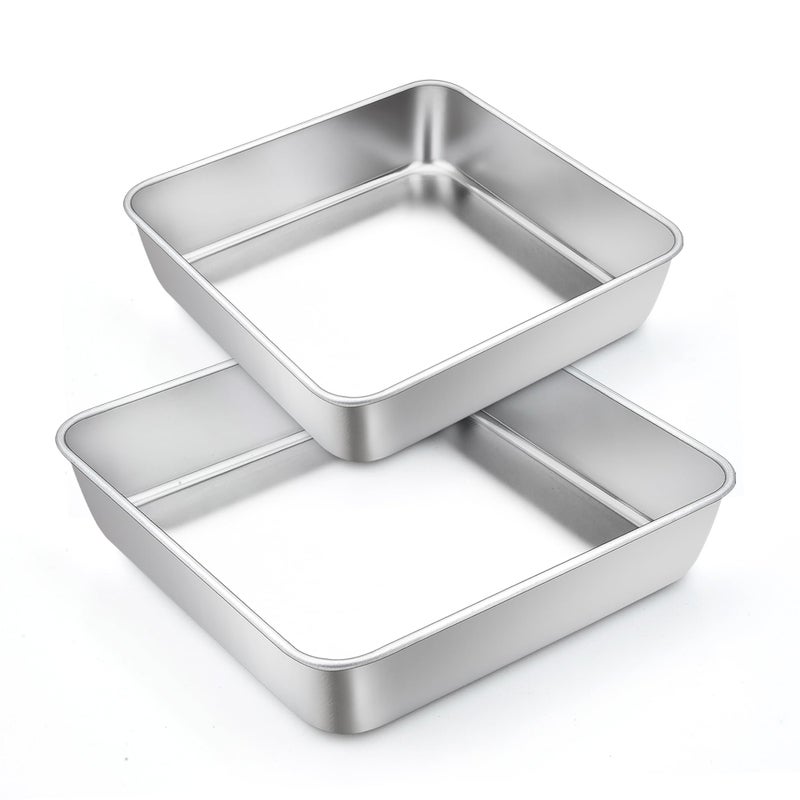 TeamFar TeamFar Square Cake Pan Stainless Steel 6  8 Inch Square Baking Pan for Brownie Lasagna NonToxic  Heavy Duty One Piece Design  Smooth Dishwasher Safe  Set of 2