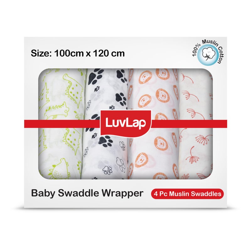 LuvLap 100% Cotton Muslin Baby Swaddle Set, Baby Towel, Size-120cm x 100cm (47"x39"), Animals & Floral Printed on White, 0-18 Month+, Printed Mulmal Muslin Swaddle Wrap for New Born, Pack of 4 - Image 1