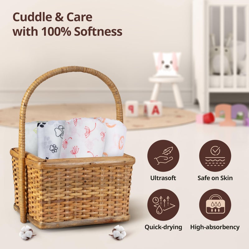LuvLap 100% Cotton Muslin Baby Swaddle Set, Baby Towel, Size-120cm x 100cm (47"x39"), Animals & Floral Printed on White, 0-18 Month+, Printed Mulmal Muslin Swaddle Wrap for New Born, Pack of 4 - Image 3