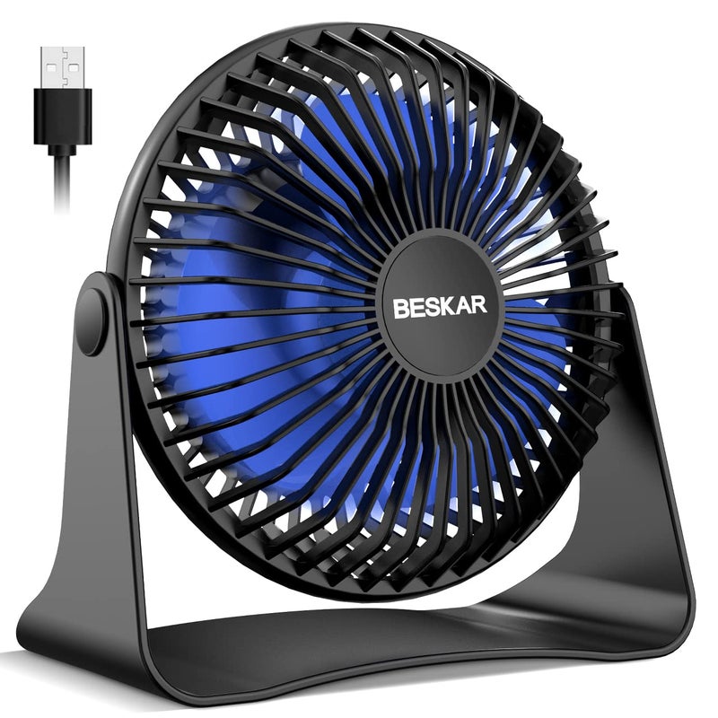 مروحة مكتب صغيرة USB من BESKAR مروحة محمولة بسرعات 3 تدفق هواء قوي تشغيل هادئ ودوران 360 درجة مروحة طاولة شخصية للمنزل والمكتب وغرفة النوم سلك بطول 39 قدم