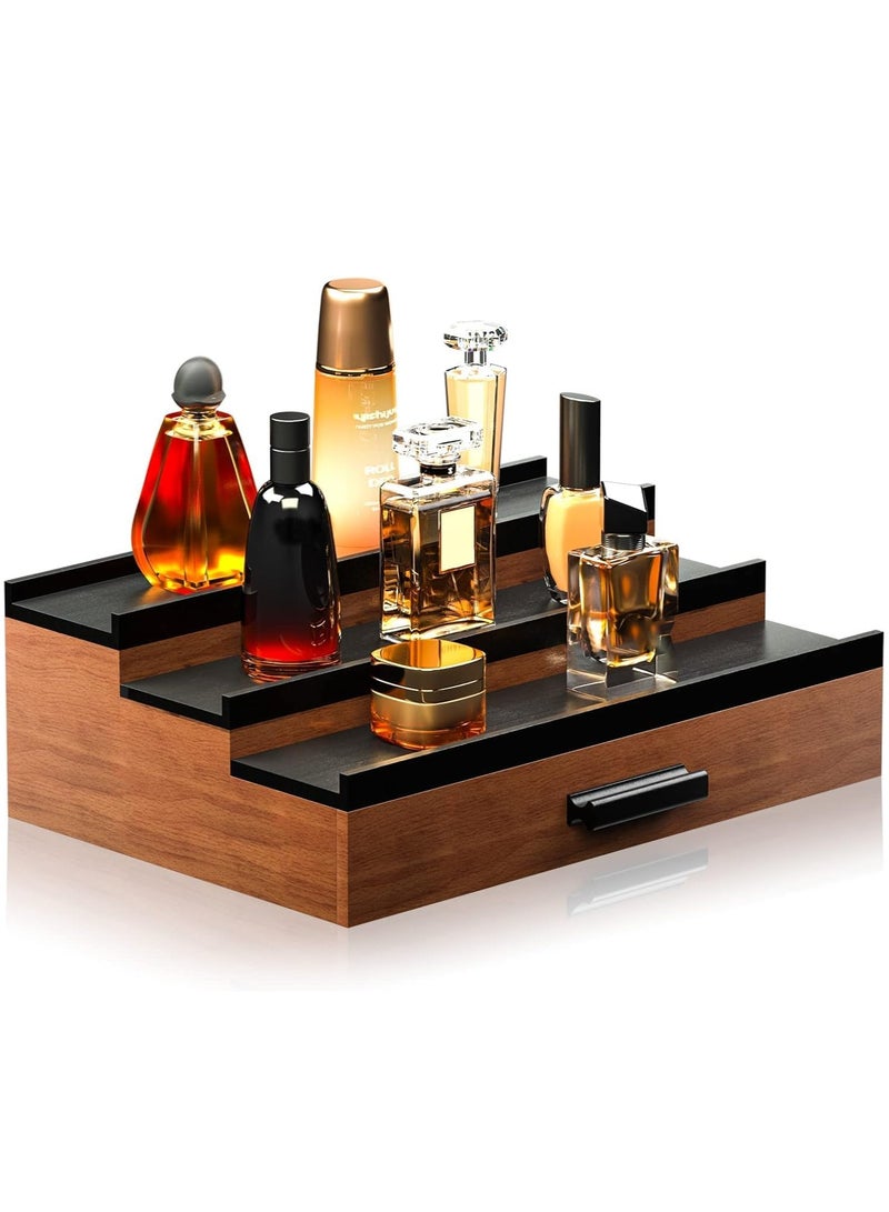 شو وو رف عرض خشبي للعطور بثلاث طبقات، رف لعرض مستحضرات التجميل، منظم لتخزين الحمامات، رف لزجاجات التوابل في المطبخ، رف عرض منزلي، رف تخزين للدمى، حامل عرض كولونيا مرتفع مع درج - Image 1