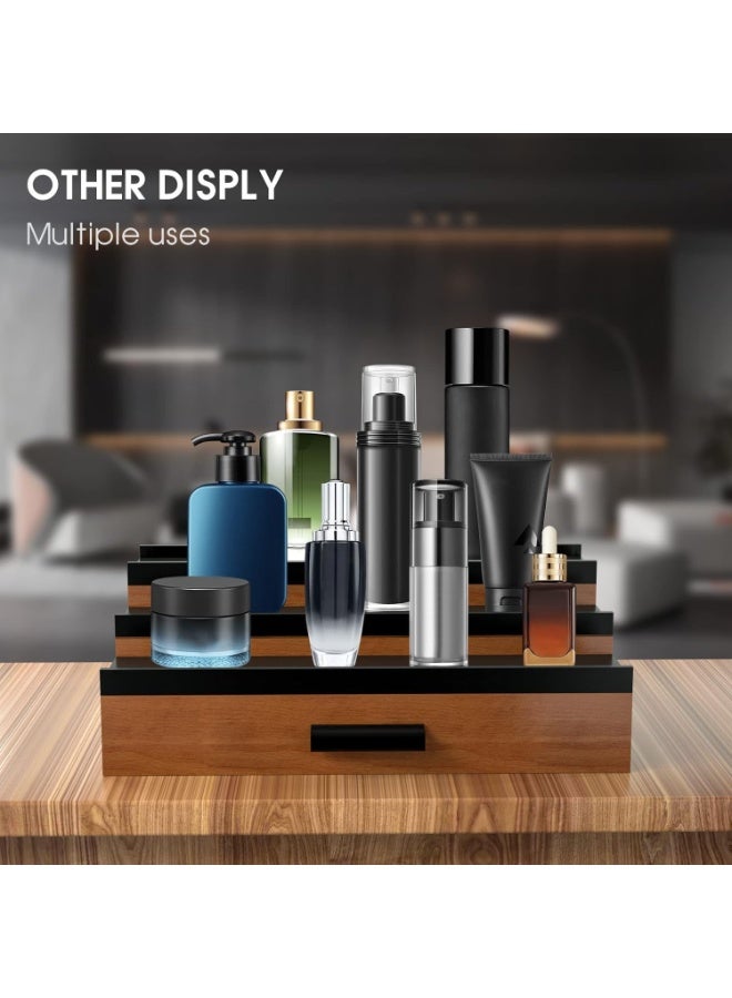 شو وو رف عرض خشبي للعطور بثلاث طبقات، رف لعرض مستحضرات التجميل، منظم لتخزين الحمامات، رف لزجاجات التوابل في المطبخ، رف عرض منزلي، رف تخزين للدمى، حامل عرض كولونيا مرتفع مع درج - Image 4
