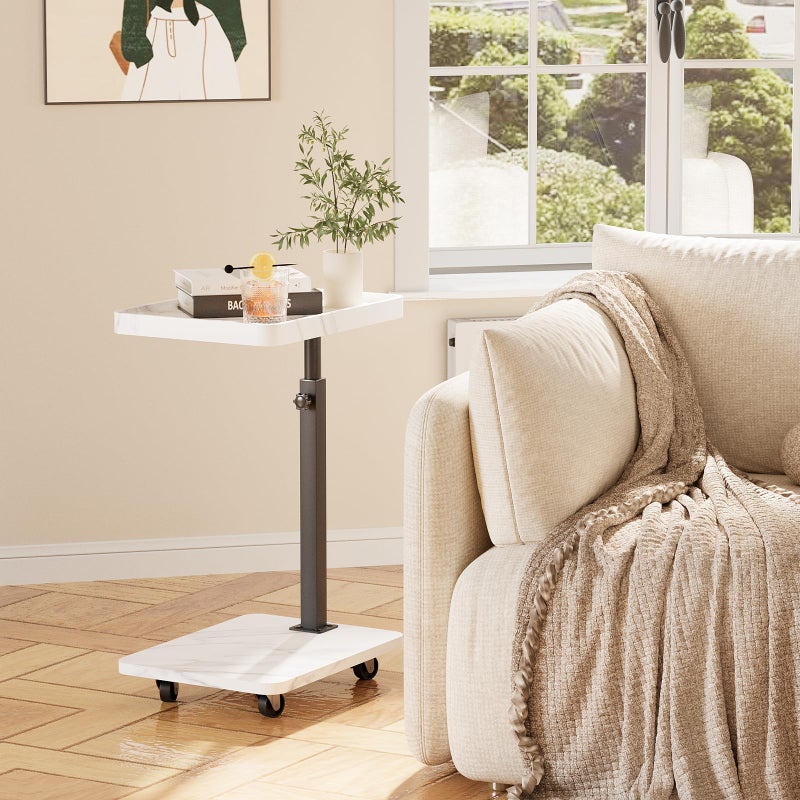 Katrawu Adjustable Tv Trays for Eating on Couch That Slide Under,360Â° Swivel C Shaped End Sofa Side Snack Table with Wheels for Living Room and Bedroom, Bed,Chair, (White Marble+Black) - Image 2