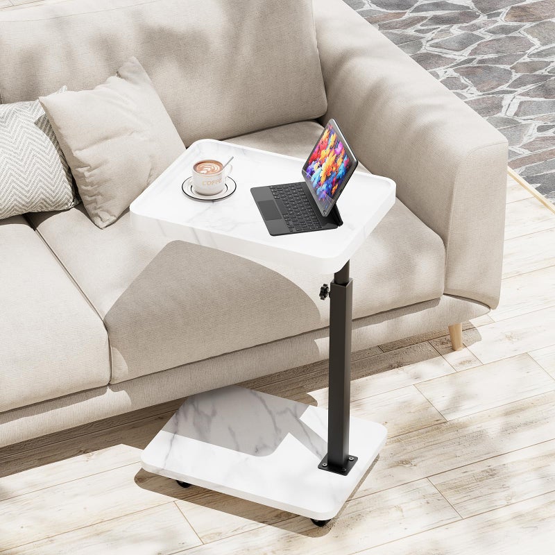 Katrawu Adjustable Tv Trays for Eating on Couch That Slide Under,360Â° Swivel C Shaped End Sofa Side Snack Table with Wheels for Living Room and Bedroom, Bed,Chair, (White Marble+Black) - Image 1