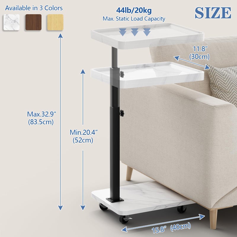 Katrawu Adjustable Tv Trays for Eating on Couch That Slide Under,360Â° Swivel C Shaped End Sofa Side Snack Table with Wheels for Living Room and Bedroom, Bed,Chair, (White Marble+Black) - Image 3